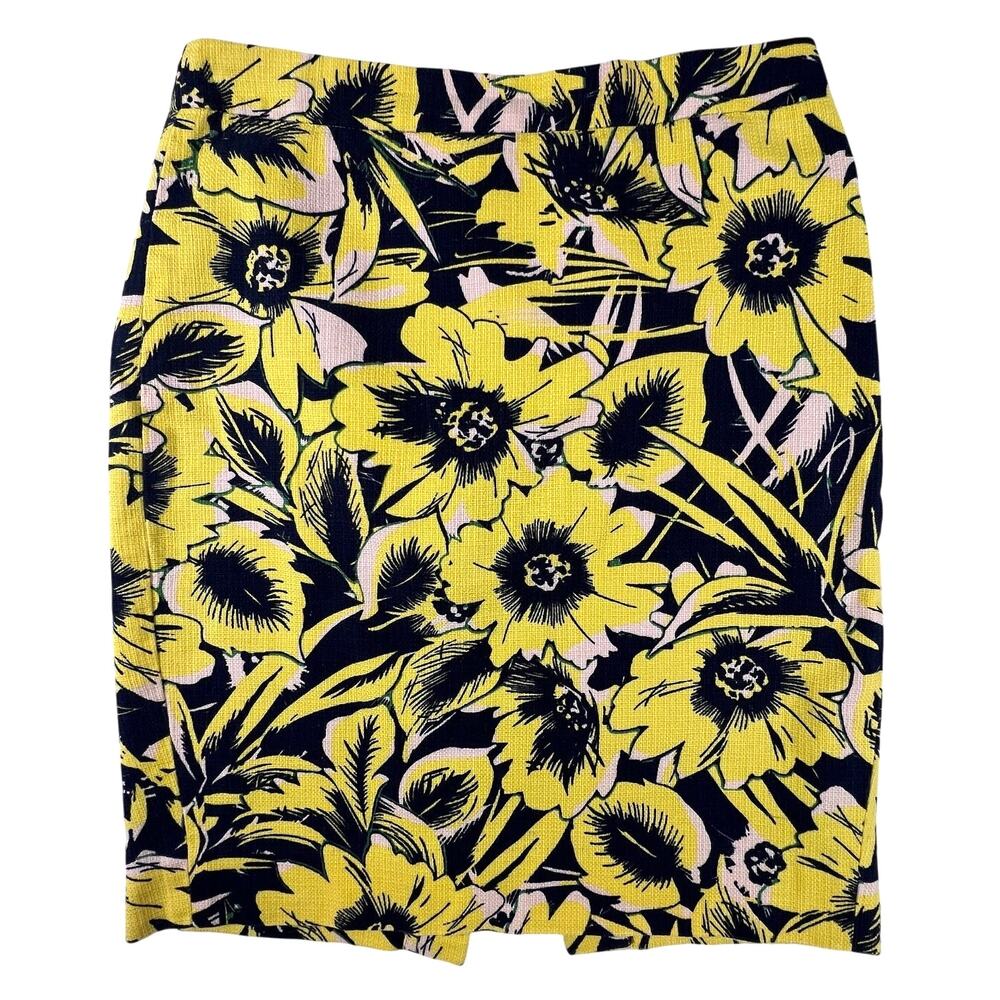 J Crew Pencil Skirt 00 Yellow Floral Navy Cotton Lined Petite Work Office Career
